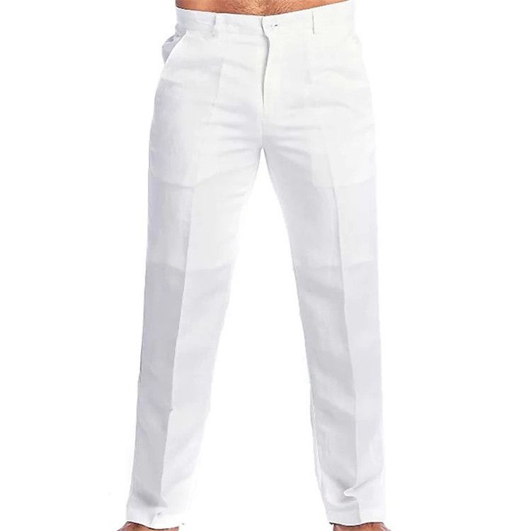 Men's Linen Casual Pants - Spring Summer Solid Color Loose Fit Trousers With Slant Pockets (Beige/Khaki/Black)_viptrois.com