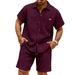 Men's Waffle Knit Short Sleeve Shirt & Shorts Set - Breathable Cotton Blend Lounge Wear For Spring & Summer | Casual Outfit_viptrois.com