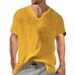 2025 Summer Men's V-neck Short Sleeve Casual Trend Cotton Linen Shirt T-shirt Top Now_viptrois.com