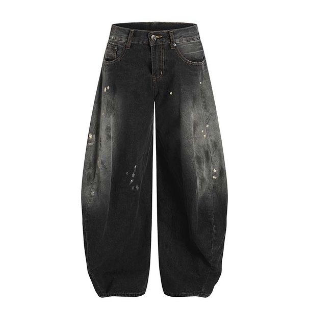 Men's Clothing High Street American Ink Washed Distressed Scimitar Jeans Men's Trendy Retro Loose Wide Leg Street Trousers Wholesale_viptrois.com
