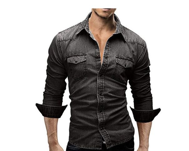 Men's Clothing long-sleeved shirt style youth casual solid color splicing men's denim shirt men_viptrois.com