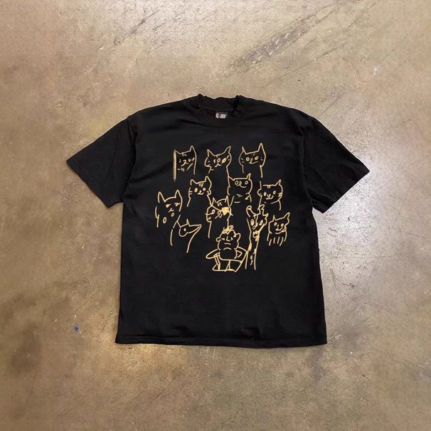 Heavyweight 250g Pure Cotton Oversized T-Shirt With Abstract Cat Print | Unisex Relaxed Fit Streetwear Tee_viptrois.com