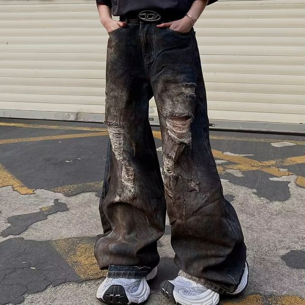Men's Clothing High Street Heavy Old Dirty Hip Hop Ripped Jeans Wide Leg Straight Floor Length Pants Trendy Brand Ins Men_viptrois.com