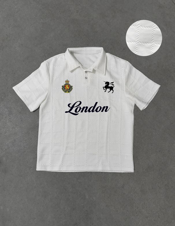Men's Summer London Embroidered Textured Polo Shirt White Vintage Badge Unicorn Print Short Sleeve Top_viptrois.com