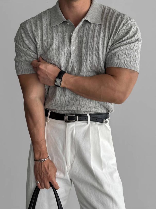 Men's Clothing American Style Lapel Short Sleeved T Shirt Knitted Polo Shirt Men's Fashion Summer Slim Elastic Casual All Match T Shirt Top_viptrois.com