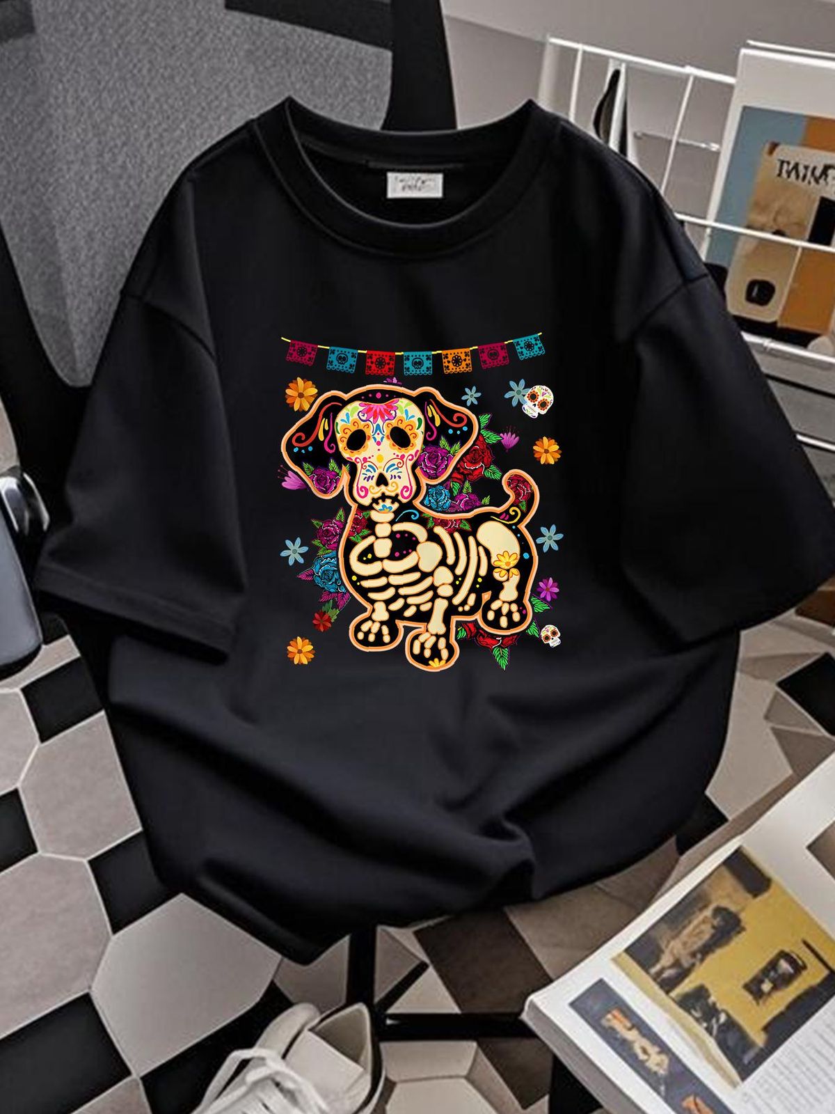 Sugar Skull Mexican Dachshund Bone Halloween Day Of Dead T-Shirt Graphic Stretched Summer Casual Designer Clothes Slightly Stylish Streetwear_viptrois.com