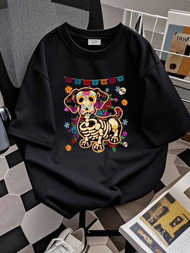 Sugar Skull Mexican Dachshund Bone Halloween Day Of Dead T-Shirt Graphic Stretched Summer Casual Designer Clothes Slightly Stylish Streetwear_viptrois.com