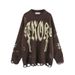 Trendy Couple's Distressed Letter Sweater - Oversized Pullover With Jacquard Design For Streetwear Lovers (Black/Brown, M-2xl)_viptrois.com