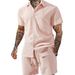 Men's Summer Solid Color Collared Short Sleeve Shirt Casual Drawstring Shorts Suit Set_viptrois.com