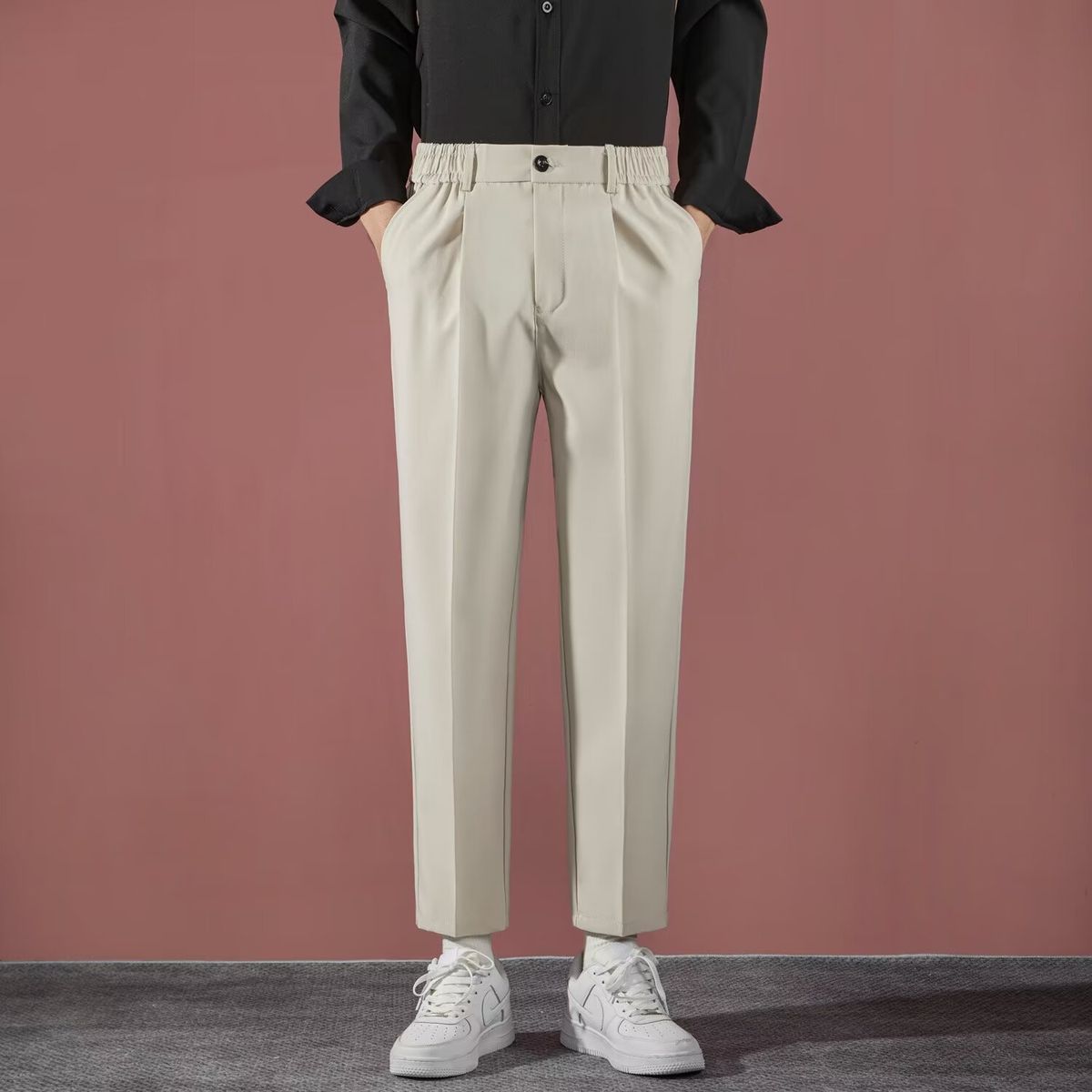 Men's Slim Straight Business Casual Trousers Anti Wrinkle Black High Grade Drape Nine Point Small Suit Trousers for Business_viptrois.com