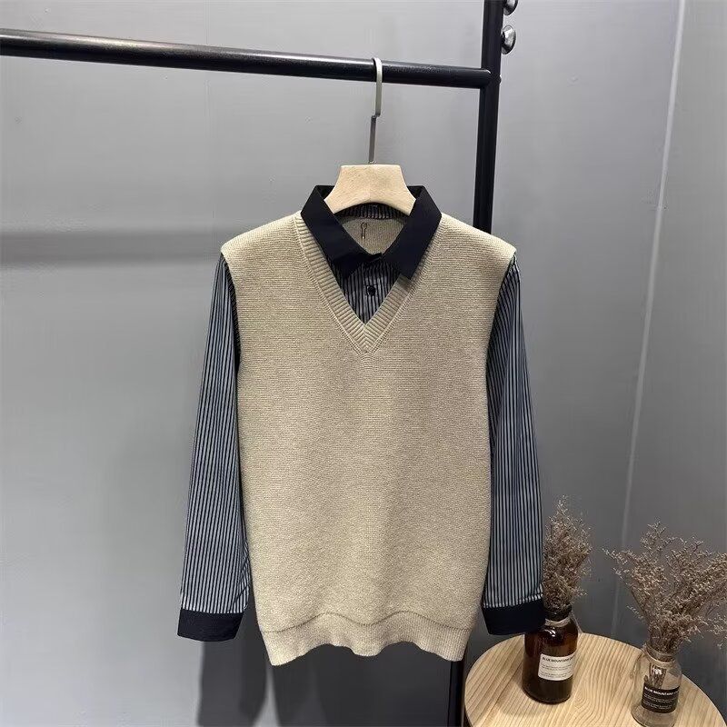 "Men's Diamond Jacquard Crew Neck Sweater - Autumn Knit Pullover, Black/Apricot, Textured Casual Wear For Cool Weather"_viptrois.com