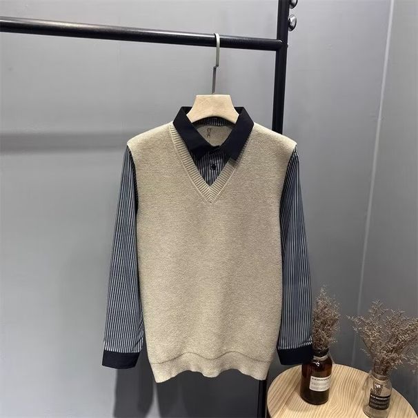 "Men's Diamond Jacquard Crew Neck Sweater - Autumn Knit Pullover, Black/Apricot, Textured Casual Wear For Cool Weather"_viptrois.com