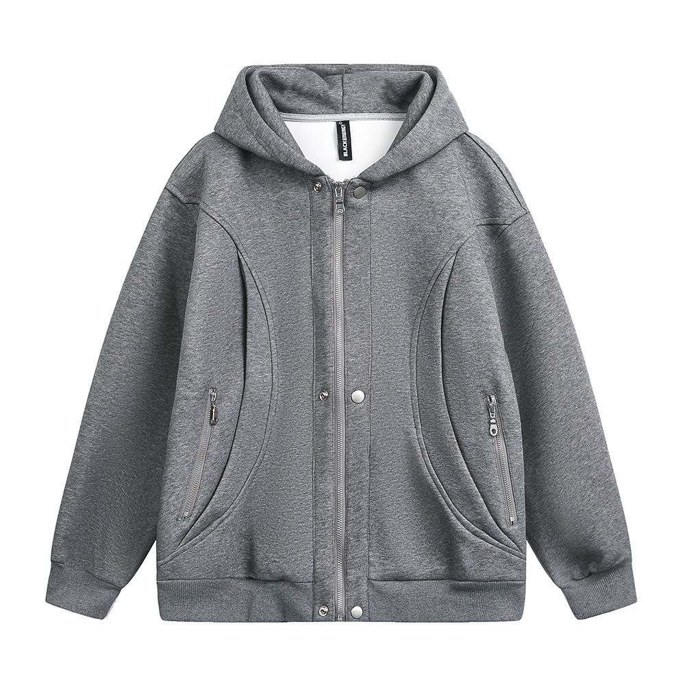 Zipper Pocket Decorated Hooded Sweatshirt Men, Loose Fit American Style Trendy Brand, Solid Color Versatile Cardigan_viptrois.com