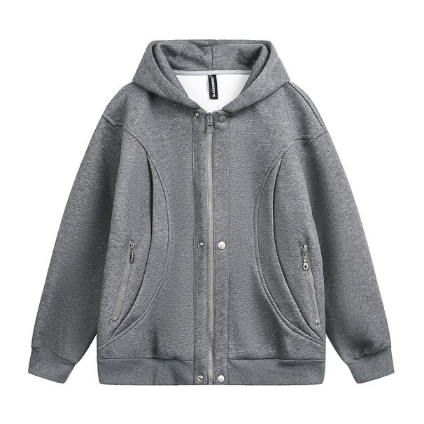 Zipper Pocket Decorated Hooded Sweatshirt Men, Loose Fit American Style Trendy Brand, Solid Color Versatile Cardigan_viptrois.com