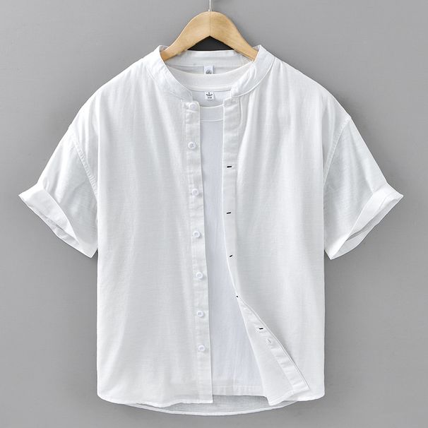Summer Simple Cotton And Linen Casual Men's Shirt Stand Collar Handsome Loose Youth Shirt Breathable Linen Top_viptrois.com