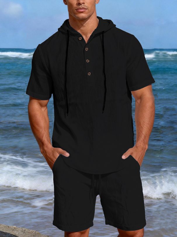 Men's Linen Casual Fashion Suit Long Sleeved Top And Five Point Shorts_viptrois.com