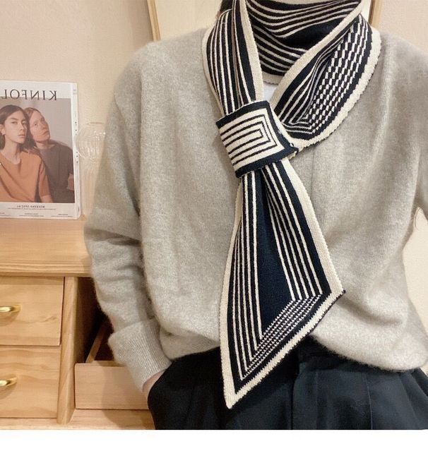 Women's Winter Double-Sided Warm Houndstooth Checkerboard Diagonal Edge Versatile Warmer Small Neck Scarf_viptrois.com