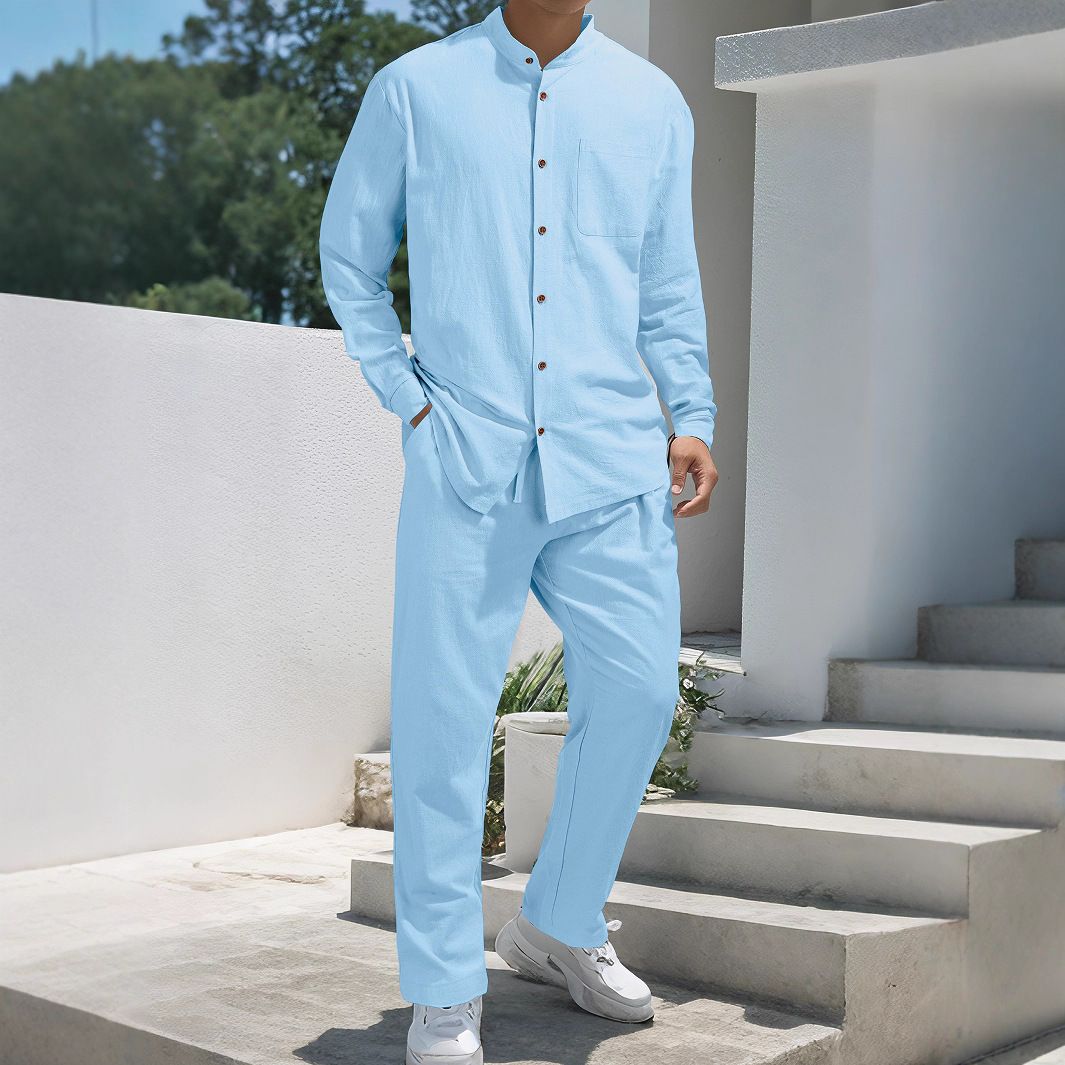 Men's Clothing Retro Stand Collar Linen Shirt & Pants Set Casual Long Sleeve Button-Up Top Relaxed Fit Trousers (White, Navy, Army Green)_viptrois.com