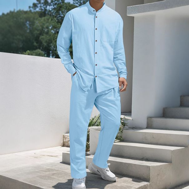 Men's Clothing Retro Stand Collar Linen Shirt & Pants Set Casual Long Sleeve Button-Up Top Relaxed Fit Trousers (White, Navy, Army Green)_viptrois.com