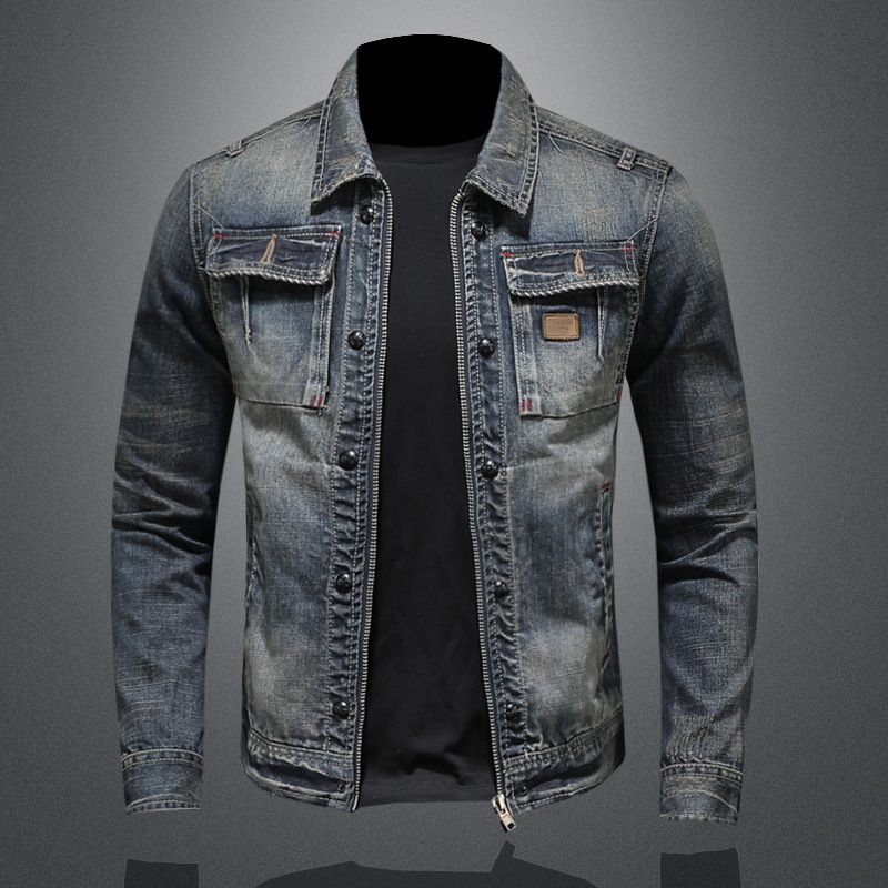Autumn Motorcycle Fashion Denim Jacket Trend Korean Men's Slim Jacket Workwear Retro Casual Handsome_viptrois.com
