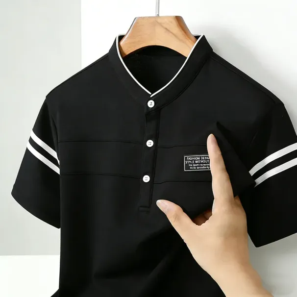 Polo De Hombre Con Cuello Mandarín 2026, Manga Corta, Rayas En Contraste, Corte Ajustado, Informal, Para Uso Diario_viptrois.com