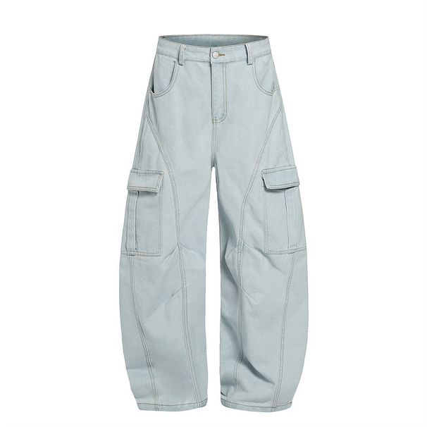 American Multi-Pocket Scimitar Jeans For Men Loose Design High Street Workwear Style Wide-Leg Floor-Length Pants_viptrois.com