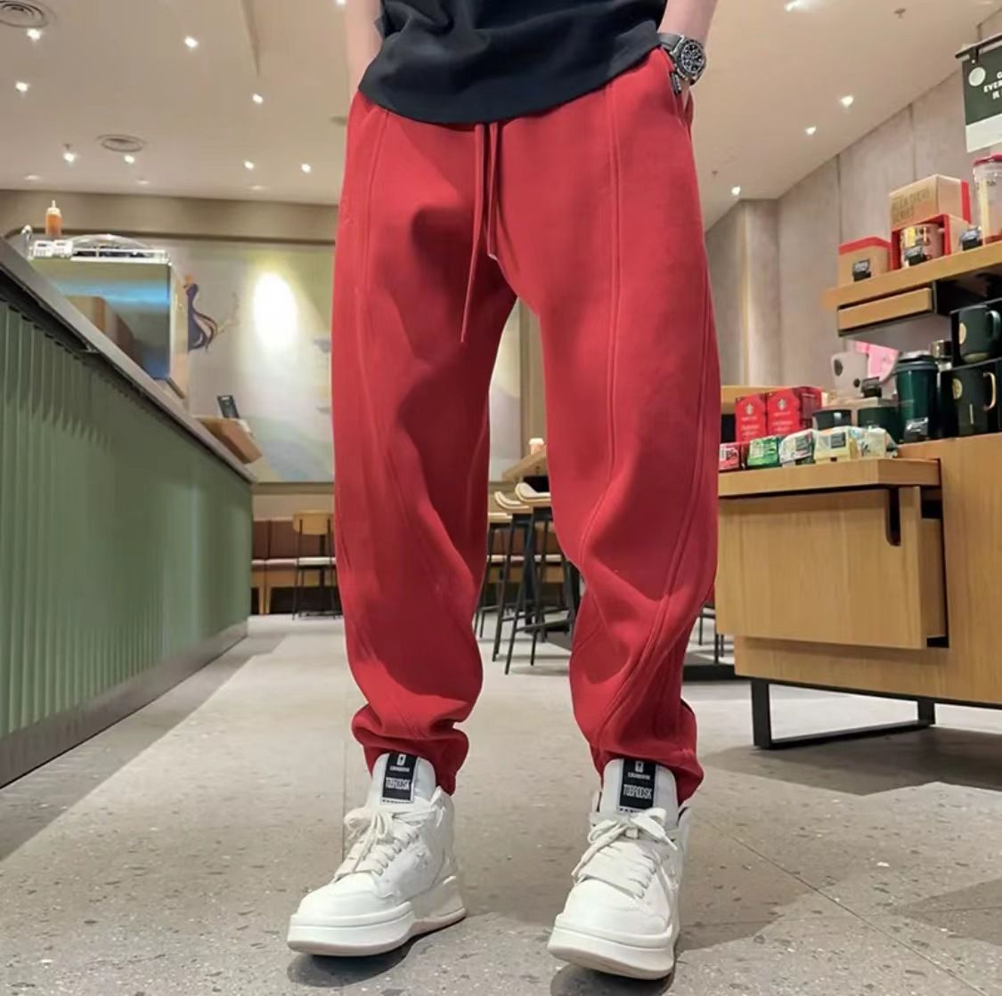 Men's Winter Jogger Pants With Drawstring & Embroidery – Loose Fit Cuffed Sweatpants – Casual Streetwear (Gray, Beige, Black, Pink, Red, Khaki)_viptrois.com