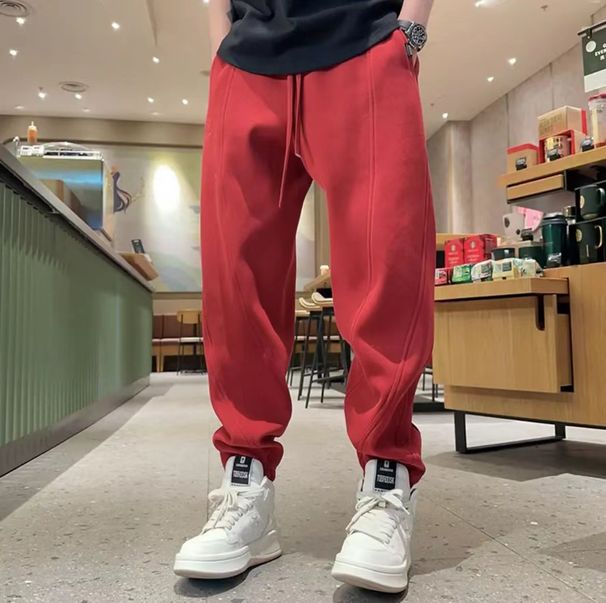 Men's Winter Jogger Pants With Drawstring & Embroidery – Loose Fit Cuffed Sweatpants – Casual Streetwear (Gray, Beige, Black, Pink, Red, Khaki)_viptrois.com