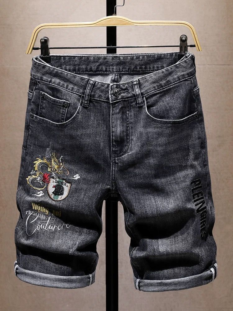 Men's Clothing Summer Thin Ripped Black Embroidered Denim Shorts Men's Shorts Elastic Mid Length Pants Trendy Horse Pants_viptrois.com