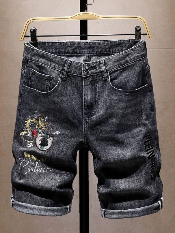 Men's Clothing Summer Thin Ripped Black Embroidered Denim Shorts Men's Shorts Elastic Mid Length Pants Trendy Horse Pants_viptrois.com