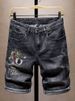 Men's Clothing Summer Thin Ripped Black Embroidered Denim Shorts Men's Shorts Elastic Mid Length Pants Trendy Horse Pants_viptrois.com
