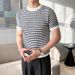 Jacquard Stripe T-Shirt – Breathable Slim Fit Tee, Lightweight & Stylish (Beige/Navy), M-3XL_viptrois.com