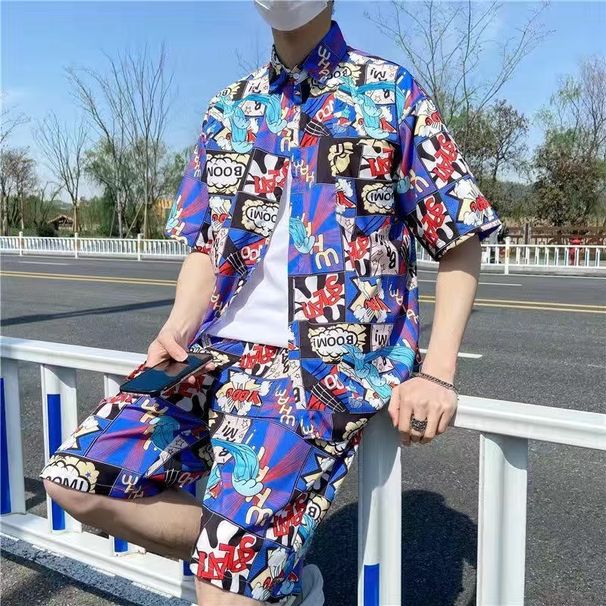 Casual Hawaiian Beach Shirt Short Sleeve Loose Fit Men's Two-Piece Set Short Pants Outfit Lightweight Summer Apparel_viptrois.com