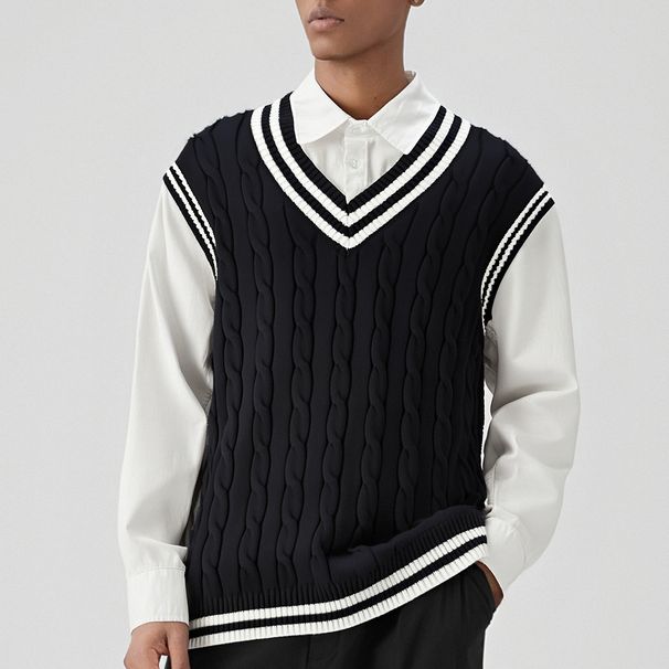Hanmei Men's Winter New Pullover V-Neck Cable Knit Sleeveless Top Vest Sweater F3328_viptrois.com