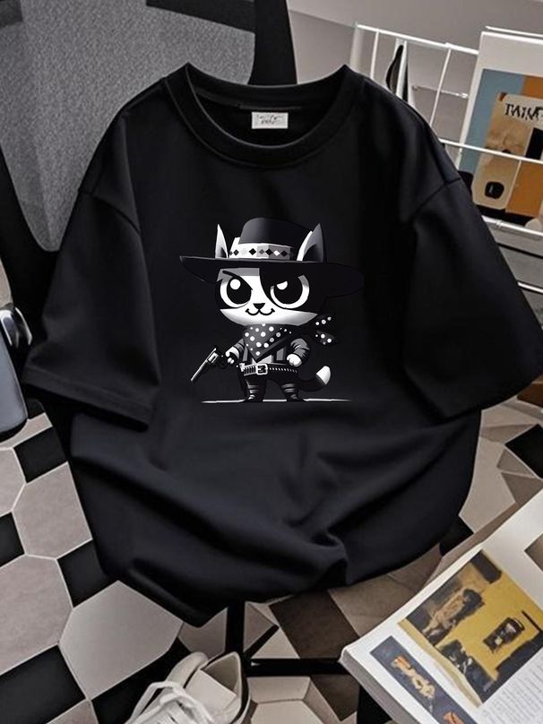 Adult T Shirt Sheriff Meowface Western Cow Cat Character Art Cute Pet Fashion Unisex Casual Designer Clothes Comfortable Homme Soft Stretched_viptrois.com