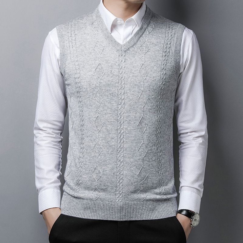Men's Wool V-Neck Vest Knit Sleeveless Sweater For Dad, Solid Color Slim Fit Pullover For Casual & Business_viptrois.com