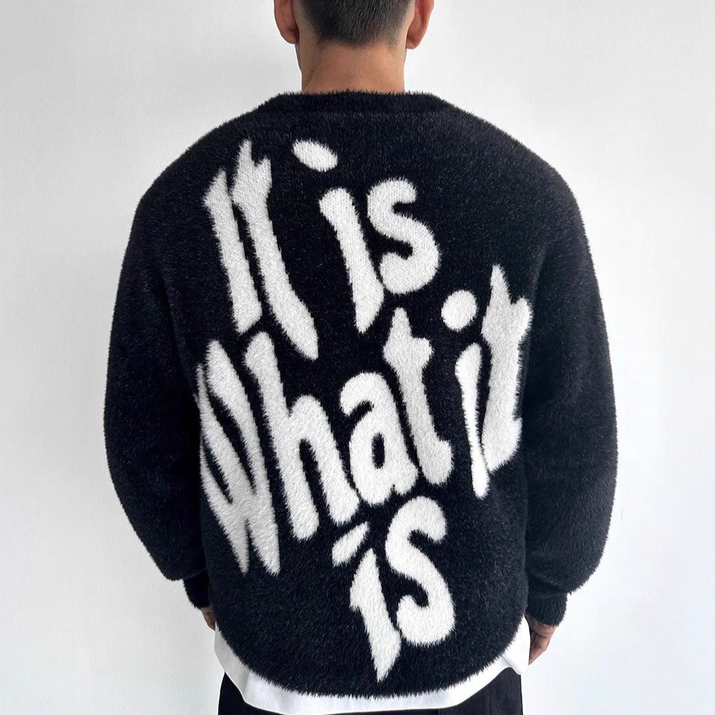 Streetwear Hip Hop Dark Jacquard Sweater - Unisex Oversized Knit Pullover With Letter Print For Urban Fashion Lovers_viptrois.com