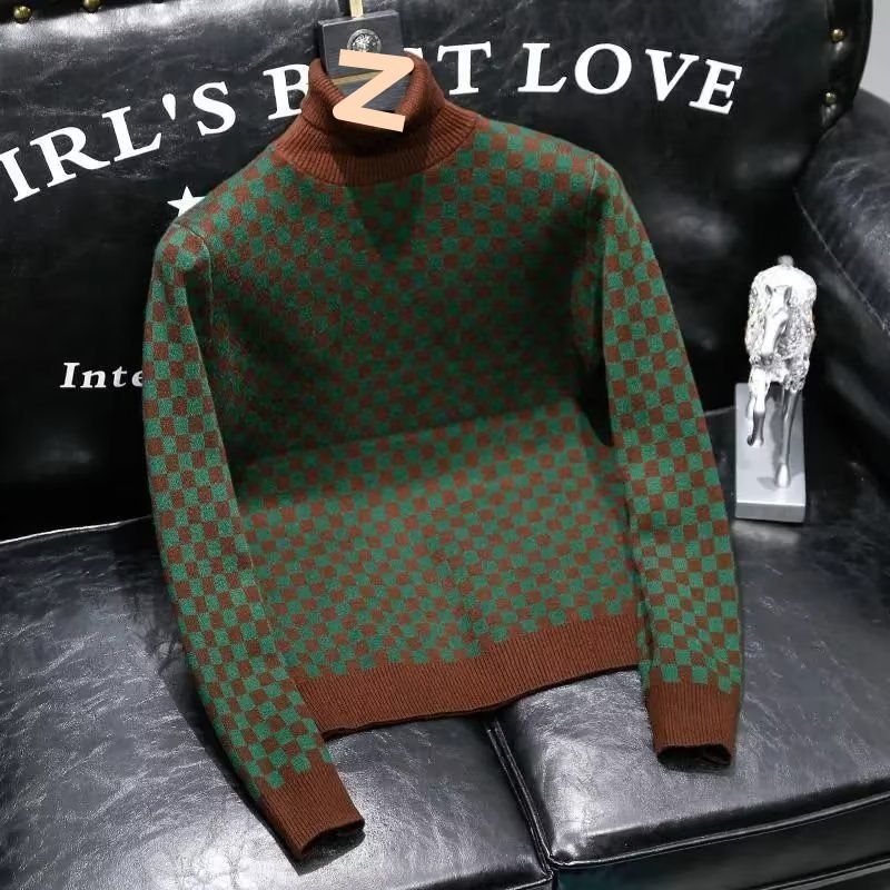 High Neck Sweater, Internet Famous Trendy Brand Slim Fit Checkered Jacquard Thread Jacket, Men's Autumn And Winter New_viptrois.com