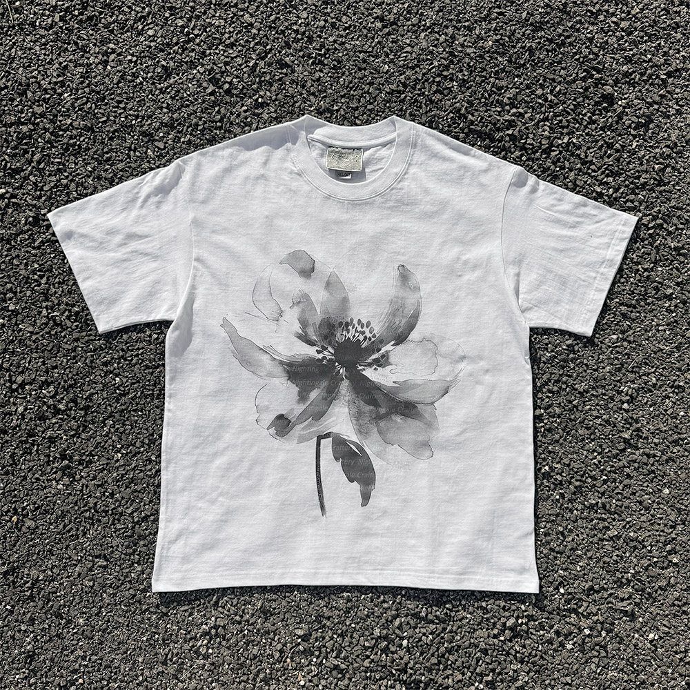Heavyweight Pure Cotton Oversized T-Shirt Floral And Letter Print Loose Short Sleeved Y2K Men's Couples Top_viptrois.com