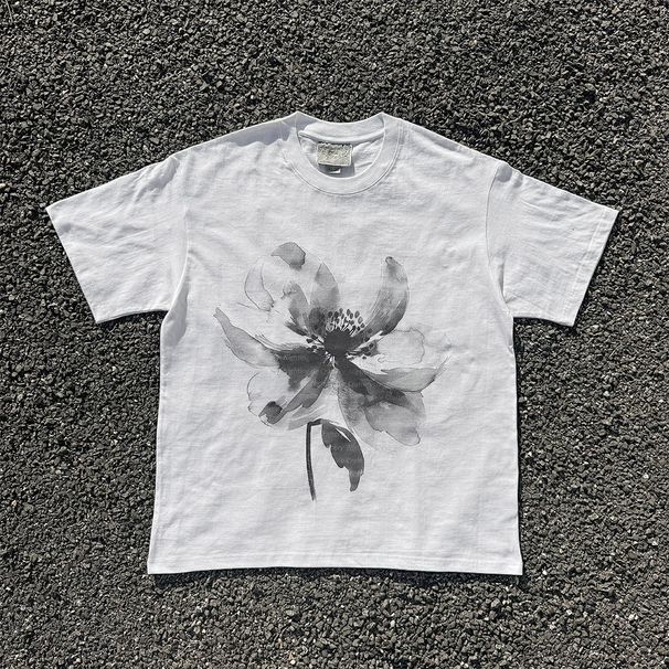 Heavyweight Pure Cotton Oversized T-Shirt Floral And Letter Print Loose Short Sleeved Y2K Men's Couples Top_viptrois.com