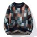 Men's Winter Knit Sweater – Thickened Acrylic Crewneck Pullover With Plaid Print (M-3XL, Navy/White/Brown, Casual & Warm)_viptrois.com