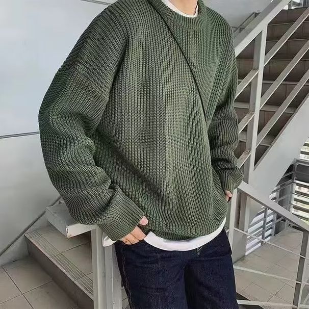 Autumn Winter Brand Solid Color Inner Wear Crew Neck Sweater Men's Korean Style Loose Casual Trendy Knitted Top_viptrois.com