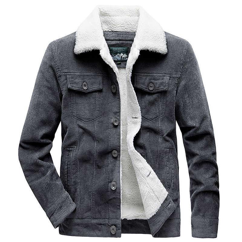 Men's Clothing Corduroy Jacket With Fleece Lining - Winter Warm Workwear Coat, Retro Style, Multiple Pockets, Loose Fit, Khaki/Grey/Black/Coffee_viptrois.com