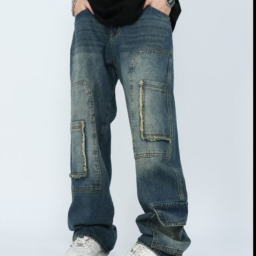 Men's Clothing High Street Retro Wide Leg Jeans Men's Spring And Summer New Loose Versatile Ripped Design Straight Pants_viptrois.com