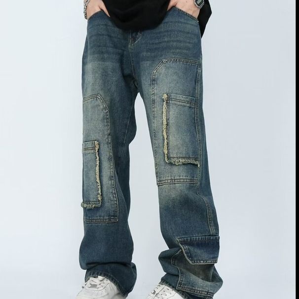 Men's Clothing High Street Retro Wide Leg Jeans Men's Spring And Summer New Loose Versatile Ripped Design Straight Pants_viptrois.com