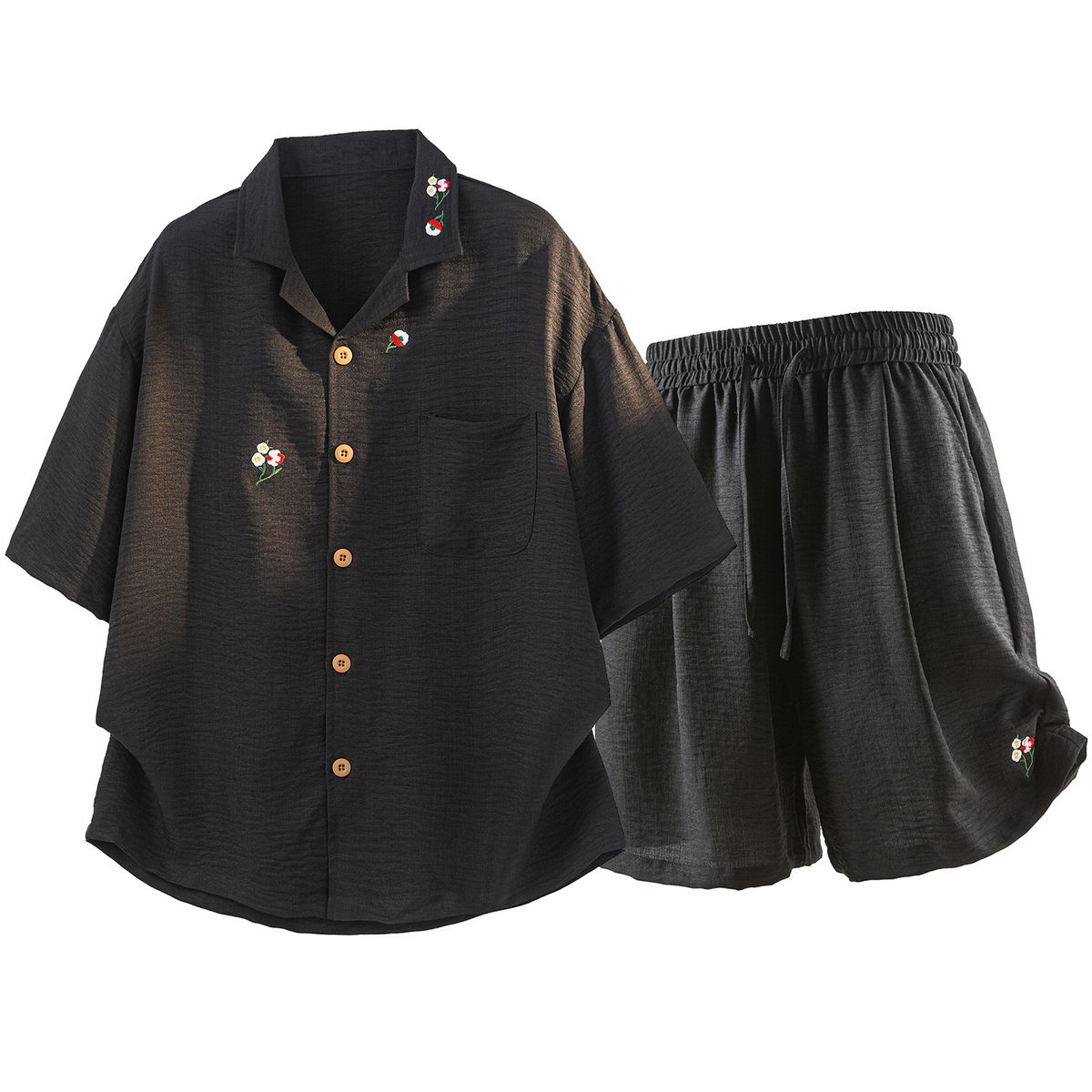 Men's Clothing Summer Men's Loose Fitting Thin Imitation Linen Embroidered Shirt Set Plus Size Casual Two Piece Fashionable Clothing_viptrois.com