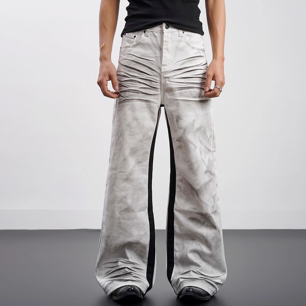 Men's Clothing High Street Style Distressed Denim Jeans Wide Leg Floor Length Slightly Flared Slimming Clean Fit Trendy Niche Design For Men And Women_viptrois.com