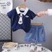 2025 New Summer Children's Men's Tie Bear Short Sleeve Cartoon Round Neck Top Shorts Two Piece Set_viptrois.com