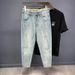 Men's Clothing Tapered High End Nine Point Jeans Men's Skinny Pants Retro Light Blue Handsome Scraped Spring And Summer Thin Nine Point Pants Handsome_viptrois.com