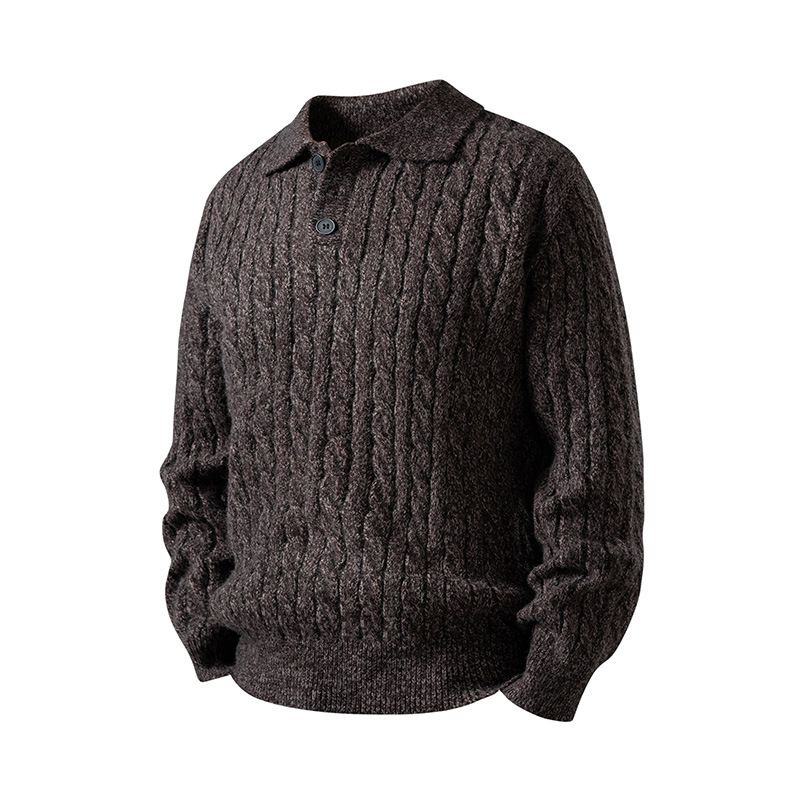 Premium Classic Knit Polo Shirt For Men - Cable Stitch Business Casual Sweater - White Grey, Black Grey, Burgundy, Coffee_viptrois.com